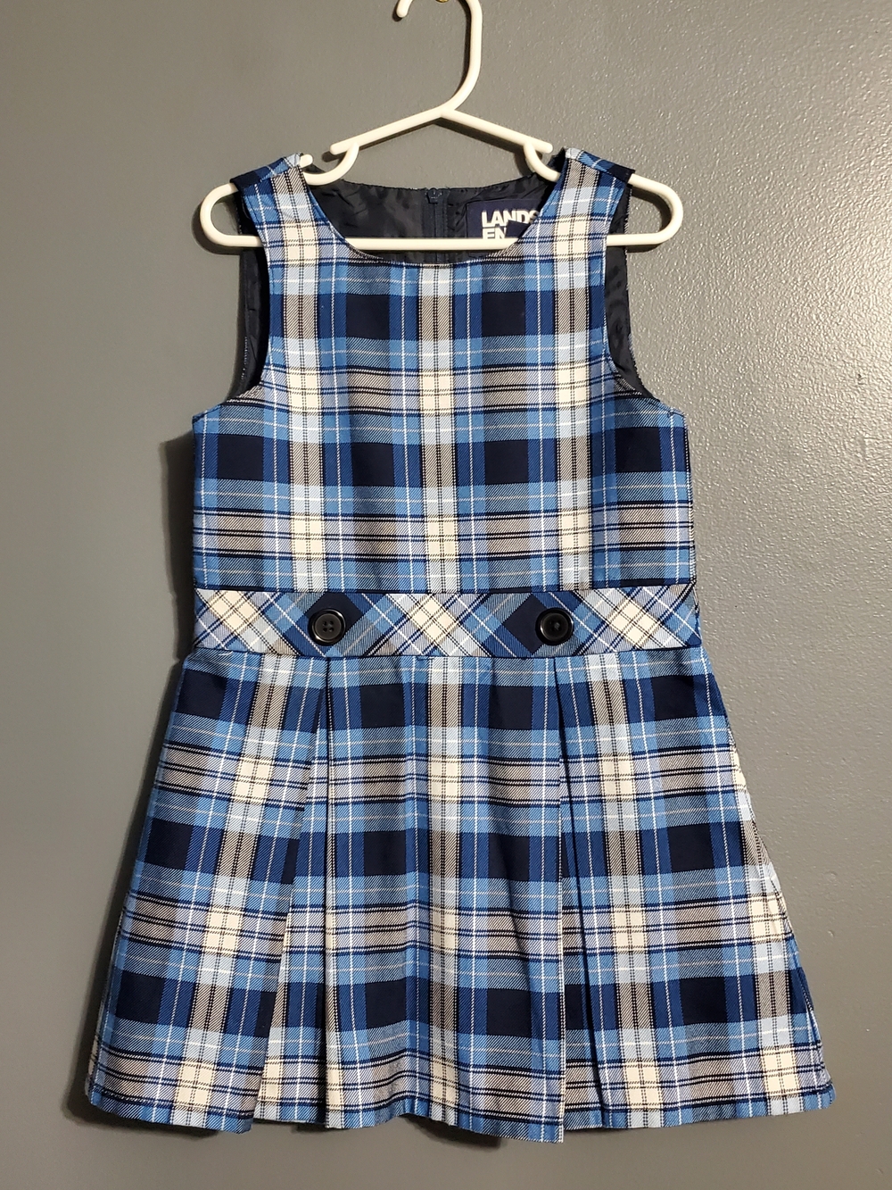 Lands' End Blue and White Plaid Pleated Jumper Girl's Size 4